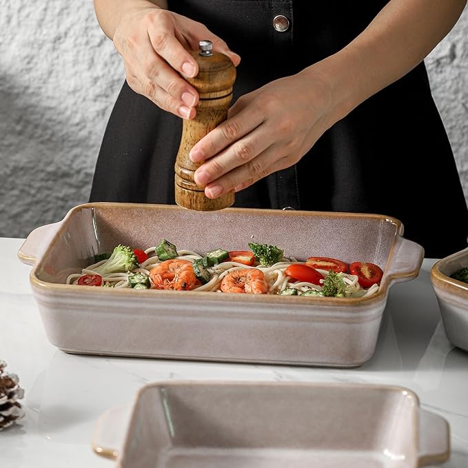 HVH 9x13 Baking Dish Set, Large Casserole Dishes for Oven, Ceramic Bakeware Set of 3, Rectangular Lasagne Pan Deep for Baking (Sand Color) - Image 3