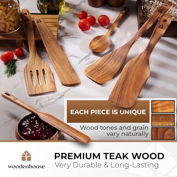 Wooden Spatula for Cooking - Non-Scratch, Sturdy, Natural Teak Cooking Utensils - Easy to Clean Wooden Spatula Set with Turner, Scraper, Slotted & Frying Wood Spatulas, Jar Scraper, Spoonula - 6 Pcs - Image 3