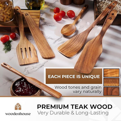 Wooden Spatula for Cooking - Non-Scratch, Sturdy, Natural Teak Cooking Utensils - Easy to Clean Wooden Spatula Set with Turner, Scraper, Slotted & Frying Wood Spatulas, Jar Scraper, Spoonula - 6 Pcs - Image 3