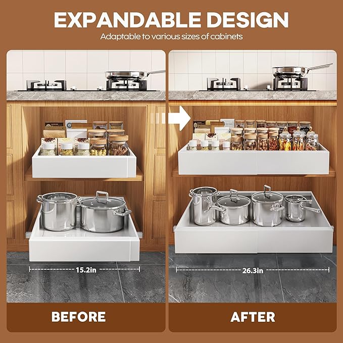 Seinloes 2 Pack Expandable Pull Out Cabinet Organizer 21"Deep With Raising Pad for Framed Cabinets,Upgrade 3 Slide Rails Slide Out Drawers,Roll Out Shelves Adhesive,Adjustable Width 15.15"-26.3" White - Image 3