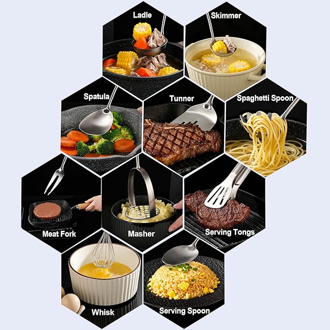 Stainless Steel Kitchen Utensils 12 Pcs, Small Cooking Utensils Set,Spatulas,Ladle,Skimmer,Tunners,Serving Spoon,Spaghetti Spoon,Fork,Potato Masher,Egg Whisk,Tongs,Dishwasher Safe - Image 3