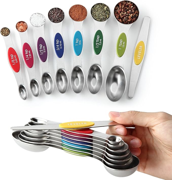 Spring Chef Multicolor Stainless Steel Magnetic Measuring Spoons Set of 8 with Leveler, Nesting Metal Teaspoon & Tablespoon Measuring Spoons, Kitchen Gadgets for Baking & Cooking - 2 Pack by SpringChef