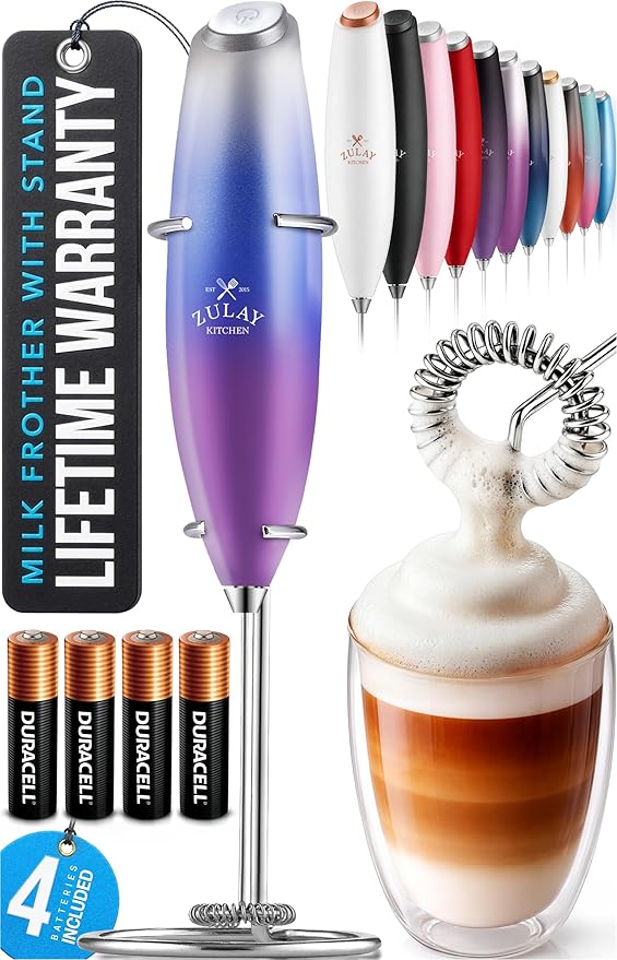 Zulay Kitchen Powerful Milk Frother Wand With 4 AA Duracell Batteries - Ultra Fast Handheld Drink Mixer - Electric Whisk Foam Maker for Coffee, Lattes, Cappuccino, Matcha & Creamer - Firework by ZulayKitchen