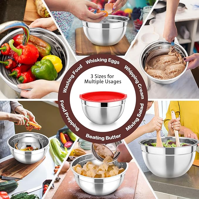 P&P CHEF Red Mixing Bowls with Lids, Set of 3, Stainless Steel Salad Nesting Bowl for Mixing, Storing, Prepping, Airtight & Stackable, Size 4.6/3 /1.5 QT - Image 4