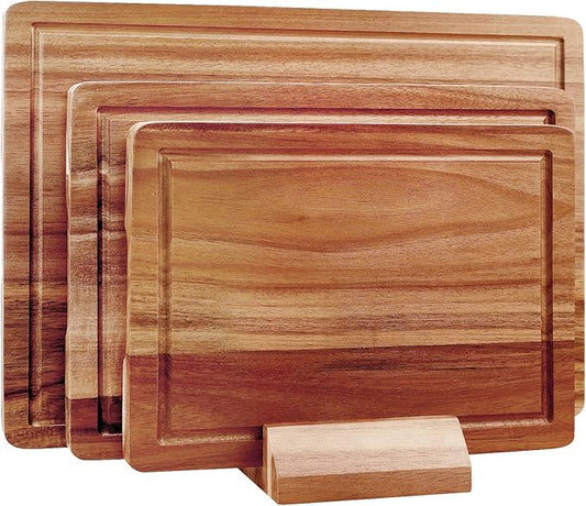3 Pcs Acacia Wood Cutting Board Set with Holder Stand Meat Chopping Board Set Large Charcuterie Boards Solid Wooden Cutting Boards for Kitchen Decor Carving Butcher Block Bread Serving Cheese Board