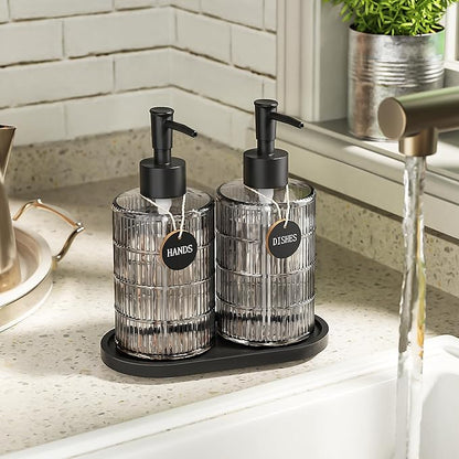 MASADI Soap Dispenser Set with Bamboo Tray, Dish and Hand Soap Lotion Dispenser Set with Wooden Pump for Kitchen and Bathroom Decor for Counter, Modern Vintage Liquid Soap Dispensers (Grey&Black) - Image 5