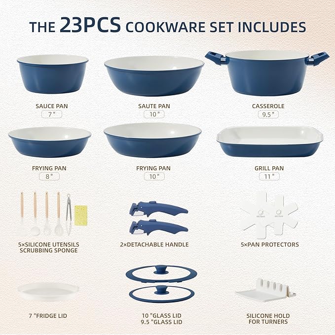 BECIGAR 23pcs Ceramic Pots and Pans Set, Nonstick Detachable Handle Cookware, Induction Kitchen Cooking Set with Removable Handle,include Frying Pans & Saucepans Oven Safe(Blue) - Image 2