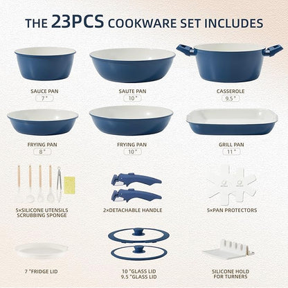 BECIGAR 23pcs Ceramic Pots and Pans Set, Nonstick Detachable Handle Cookware, Induction Kitchen Cooking Set with Removable Handle,include Frying Pans & Saucepans Oven Safe(Blue) - Image 2