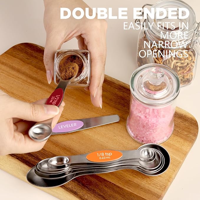 ChefAide Pack of 8 Stainless Steel Magnetic Measuring Spoons Set, Dual Sided, Stackable, Adjustable Teaspoon and Tablespoon Measure Spoon with Leveler, Kitchen Gadgets - Image 4