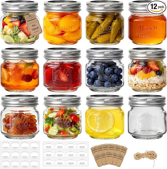 Eathtek 8 oz Glass Mason Jars with Regular Lids, 12 Pack 240 ml Canning Jars With Labels, Tags & Twine for Jam Jelly Spice Honey Herbs, Shower Favors Food Storage Wedding & Party Decor