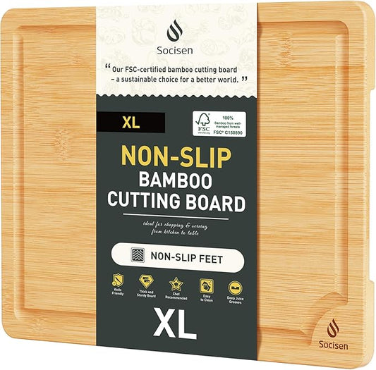 Extra Large Bamboo Board Charcuterie Non Slip Feet Over Sink Wooden Cutting Chopping Board Butcher Block Nice Solid Thick Juice Groove Big Xl XXl xlarge Hardwood Kitchen Counter Organic Meat BBQ Kit by Socisen