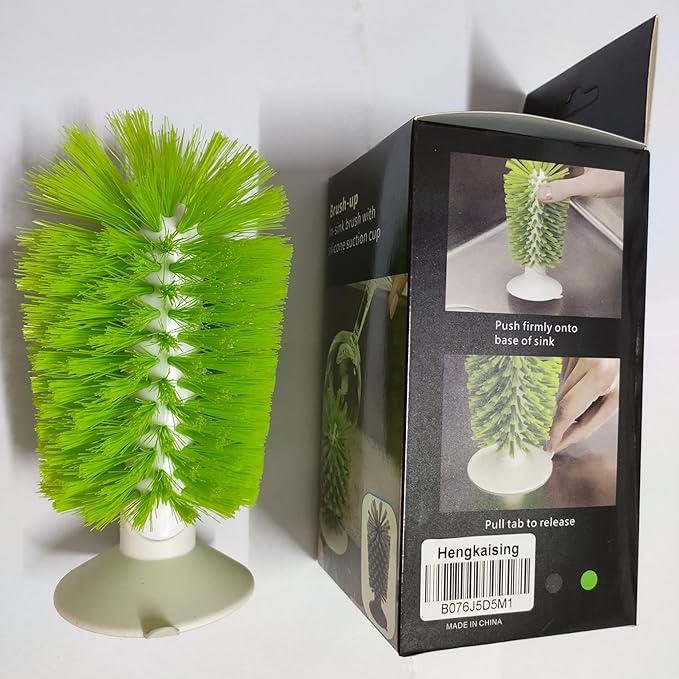 Brush-Up Glass Brush with Suction Cup Upright Stays in Sink Bristle Scrub Kitchen Bottle Cleaning Washing (Green)