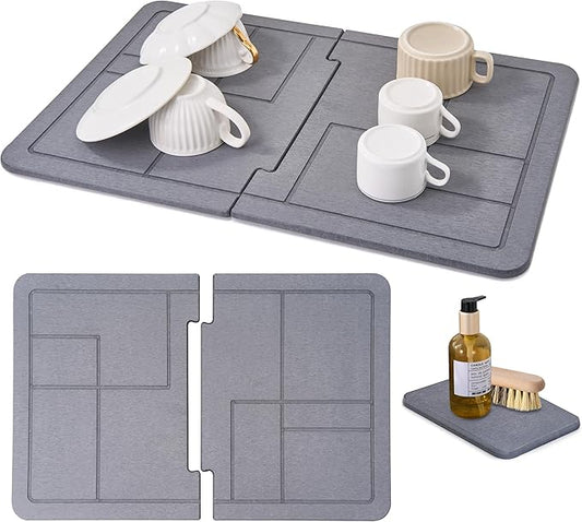 Large Stone Drying Mat for Kitchen Counter, Quick Dry Stone Dishes Mats, Stones Drying Mat for Kitchen Counter, Detachable Water Absorbing Diatomaceous Drying Mat (Dark Gray 24"×16" & 8"x4")