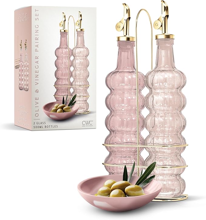 COOK WITH COLOR Glass Olive Oil Bottle Dispenser - 2 Pack- 17oz Oil and Vinegar Cruet - Olive Oil Carafe Decanter for Kitchen, Elegant Waves, Pink by CookwithColor