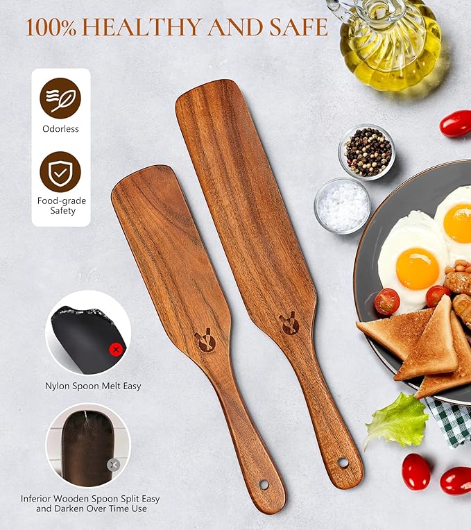 2Pcs Spurtles Kitchen Tools Wooden, Wooden Spurtle Spatula Set for Sourdough Starter, Natural from High Moist Resistance Teak, Kitchen Utensils for NonStick Cookware - Image 5