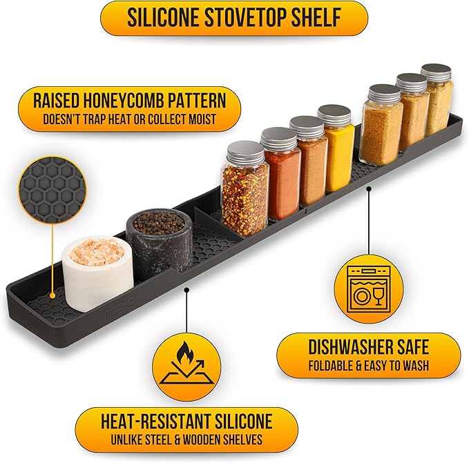 TEO Magnetic Stove Top Shelf - 30 Inch Silicone Over the Stove Spice Rack for Kitchen Gadgets Storage Organization, Heat-Resistant, No Installation, Dishwasher Safe, Over Oven Shelf Black