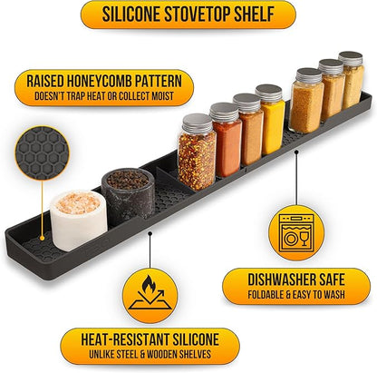 TEO Magnetic Stove Top Shelf - 30 Inch Silicone Over the Stove Spice Rack for Kitchen Gadgets Storage Organization, Heat-Resistant, No Installation, Dishwasher Safe, Over Oven Shelf Black