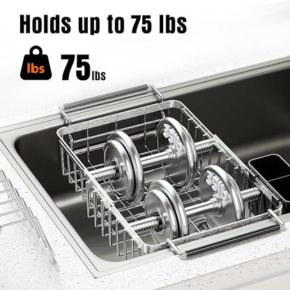 Expandable Dish Drying Rack in Sink,Stainless Steel Over The Sink Dish Drainer Drying Rack for Kitchen Counter,with Utensil Holder,Silver