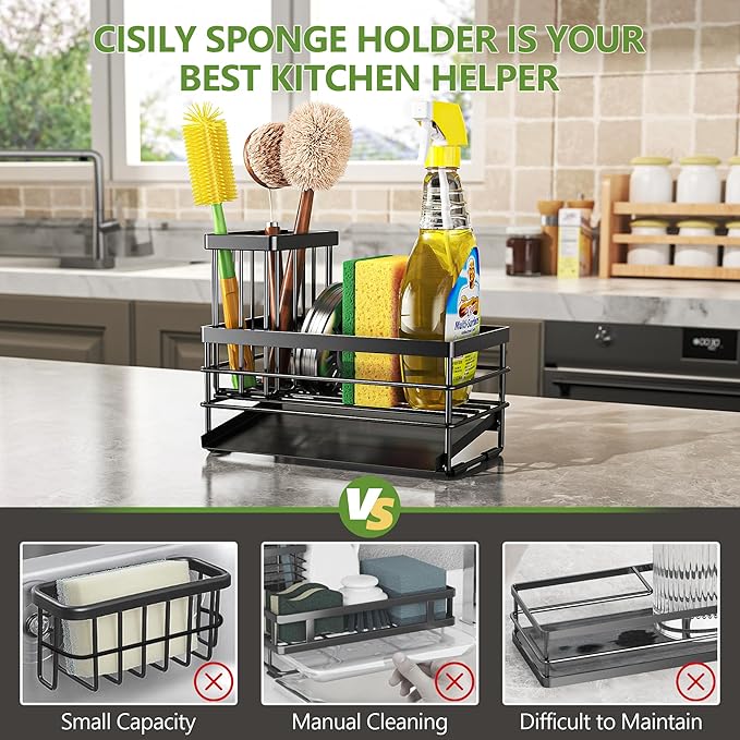 Cisily Sink Caddy Sponge Holder for Kitchen with Brush Holder and Stainless Steel Self Drain Tray, Rustproof Kitchen Sink Organizer for Sponge, Soap Dispenser Storage Accessories (Black) - Image 2
