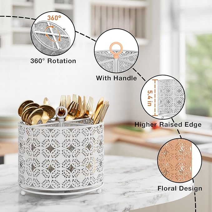 YIUKEA Rotating Utensil Caddy Holder - Higher Raised Cutlery Caddy Countertop - Metal Silverware Caddy Organizer with 4 Compartment for Kitchen Counter Party Office white - Image 4