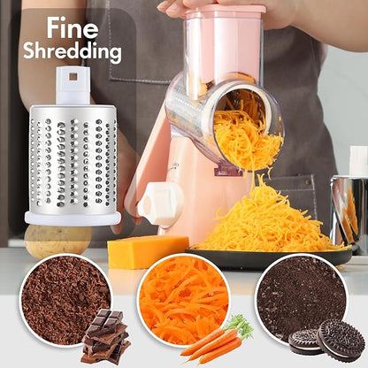 Rotary Cheese Grater with Handle, Round Mandoline Speed Kitchen Slicer, 3 in 1 Multifunctional Vegetable Shredder Manual Nut Grinder for Nuts, Potato, Carrot, Cucumber (Pink) - Image 3