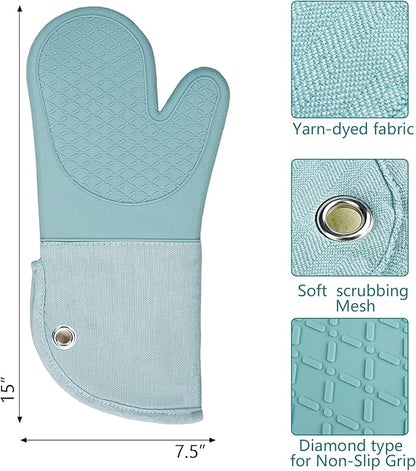 Professional Microwave Silicone Oven Mitts one Pair, Kitchen Mitten Set for Heat Resistant with 500 Degrees, Kitchen Gloves Pot Holder for BBQ Cooking Baking (Light Blue)