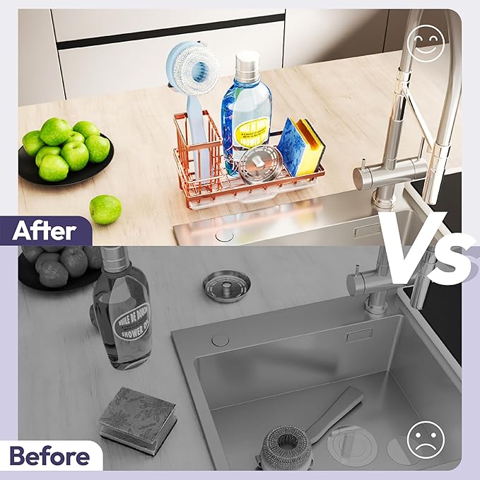 SWTYMIKI Sink Caddy Kitchen Sink Organizer with Detachable Brush Holder, Stainless Steel Sponge Holder with Removable Drip Tray Sponge Caddy for Kitchen Countertop, Rose Gold - Image 6