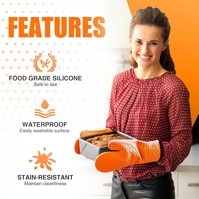 Silicone Oven Mitts, Heat Resistant 2PCS Oven Mitts with Soft Cotton Lining, Waterproof Non-Slip Grip Oven Glove, Kitchen Potholder Mits for BBQ, Baking, Cooking, 12.5 Inch - Orange - Image 4