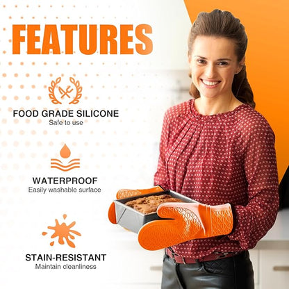 Silicone Oven Mitts, Heat Resistant 2PCS Oven Mitts with Soft Cotton Lining, Waterproof Non-Slip Grip Oven Glove, Kitchen Potholder Mits for BBQ, Baking, Cooking, 12.5 Inch - Orange - Image 4