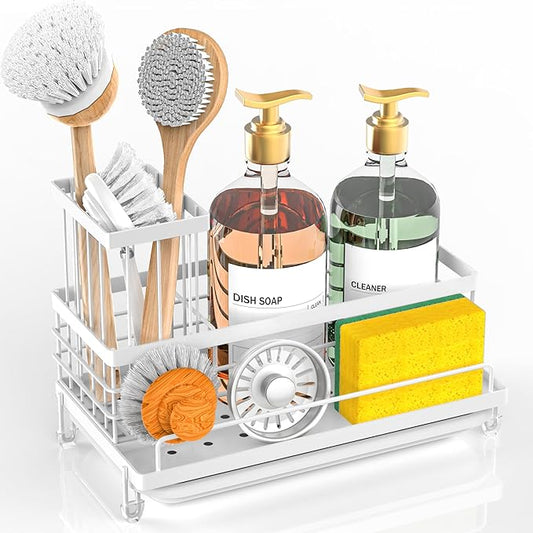 Cisily Stainless Steel Kitchen Sink Caddy Organizer, Sponge Holder for Sink Rustproof, Non-Slip Soap Dish Dispenser Brush Holder Storage, Home & Kitchen Essentials Accessories (White) by CISILYHOMELIFE