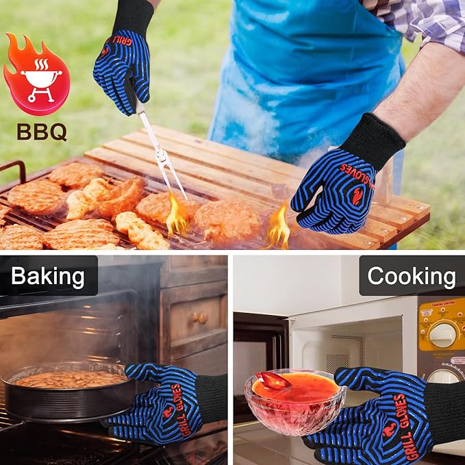 QUWIN BBQ Gloves, Oven Gloves 1472℉ Extreme Heat Resistant, Grilling Gloves Silicone Non-Slip Oven Mitts, Kitchen Gloves for BBQ, Grilling, Cooking, Baking-1 Pair (One Size Fits Most, Black/Blue) - Image 2