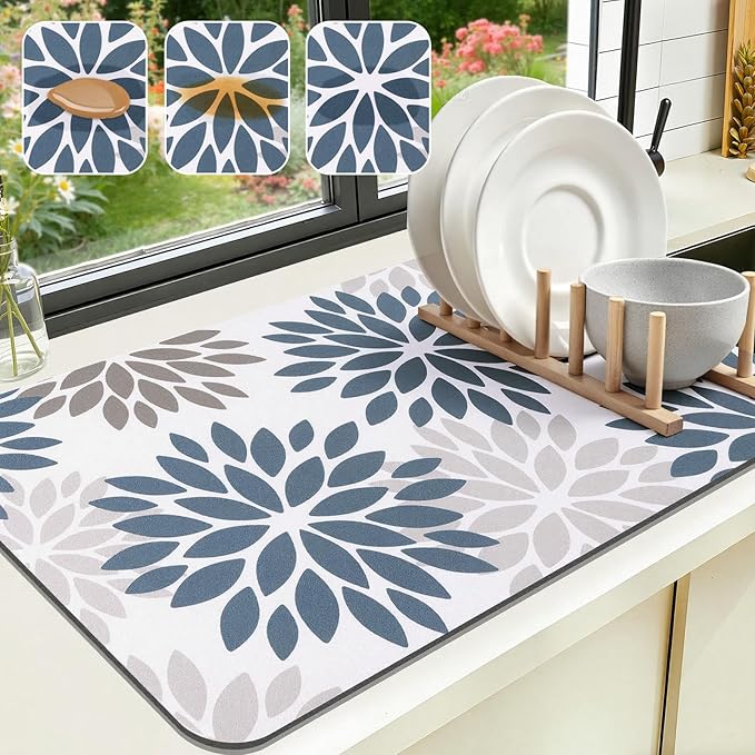 Findosom Floral Dish Drying Mat, 12" x 20" Super Absorbent & Hide Stain Coffee Mat, Cuttable Drying Mat for Kitchen Counter, Under Dish Rack, Coffee Maker, Espresso Machine, Blue