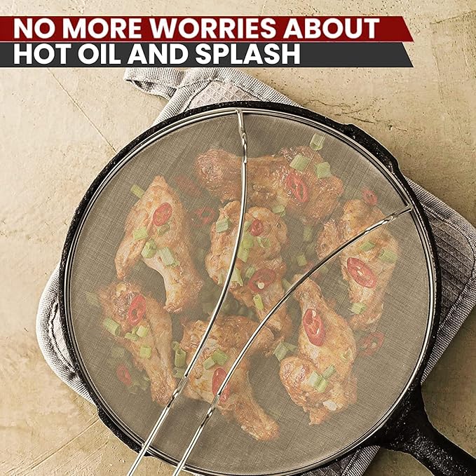 13" Grease Splatter Screen for Cooking | Stainless Steel Oil Splatter Guard and Ultra-Fine Mesh Protects Skin from Burns | Silicone Red Handle - Image 4