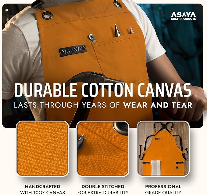 Asaya Chef and BBQ Apron with Bottle Opener and Hand Towel - 10oz Cotton Canvas, Stainless Steel Hardware - Cross Back Straps - Image 3