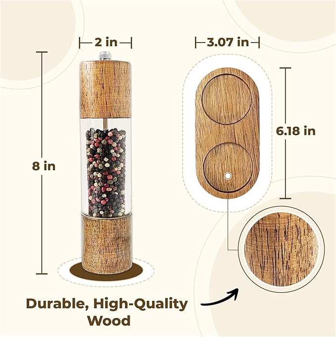 Wooden Salt and Pepper Grinder Set, Manual Premium Acrylic Salt and pepper Mills with Adjustable Ceramic Core and Wooden Stand, 8-Inch Refillable Giftable Shakers (2 Pieces with Tray) - Image 3