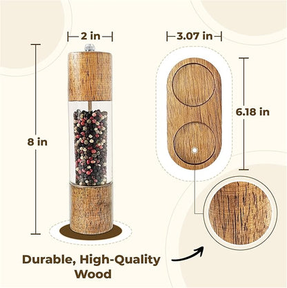 Wooden Salt and Pepper Grinder Set, Manual Premium Acrylic Salt and pepper Mills with Adjustable Ceramic Core and Wooden Stand, 8-Inch Refillable Giftable Shakers (2 Pieces with Tray) - Image 3