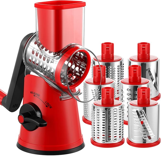 Geedel Rotary Cheese Grater Cheese Shredder - Upgraded 6-in-1 Cheese Grater with Handle and Strong Suction Base, Multi-purpose Vegetable Slicer Ice Shaver Nuts Grinder for Ice, Vegetables, Fruit by Geedel