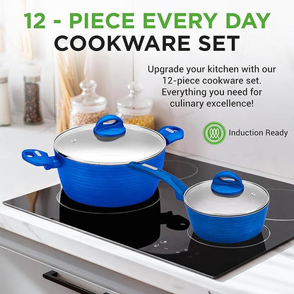 NutriChef 12 Piece Nonstick Cookware Set - PFOA/PFOS-Free Heat Resistant Lacquer Kitchen Ware Pots and Pans Set - Induction Ready Cookware Includes Saucepot, Pans, Cooking Pot Oven Pot, Lid, Utensils - Image 2