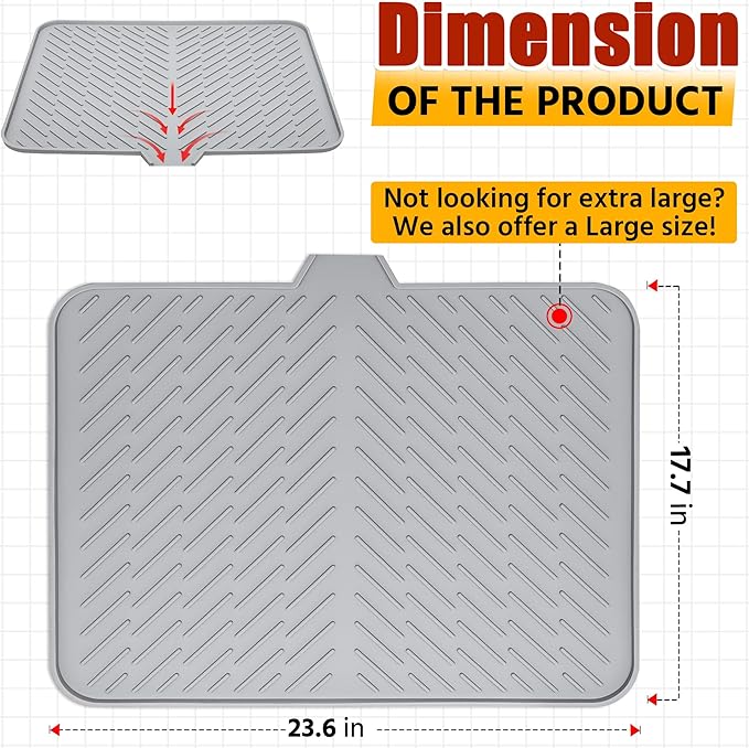 Luxet Silicone Dish Drying Mat with Built-in Drain Lip - Hygienic Drying Pad - Sturdy Compact Easy to Clean Tray Protects Surfaces Prevents Water Build Up - 23 X 17 (Grey) - Image 3