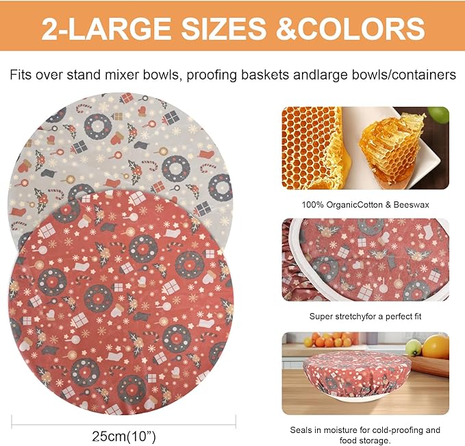 Reusable Bowl Covers for Bread Proofing（2 Large）- Cotton Beeswax Bowl Covers Reusable with Elastic Rim, Sourdough Bowl Cover for Food Storage and Food Preservation (10INCH)(Christmas style)