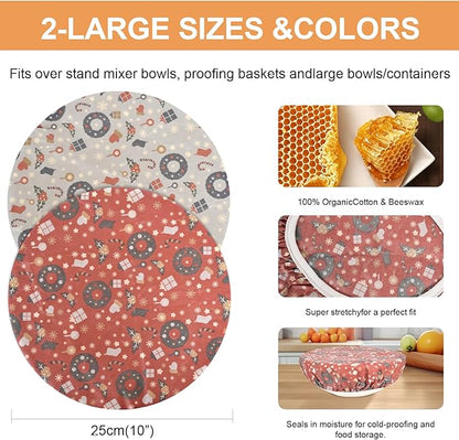 Reusable Bowl Covers for Bread Proofing（2 Large）- Cotton Beeswax Bowl Covers Reusable with Elastic Rim, Sourdough Bowl Cover for Food Storage and Food Preservation (10INCH)(Christmas style)