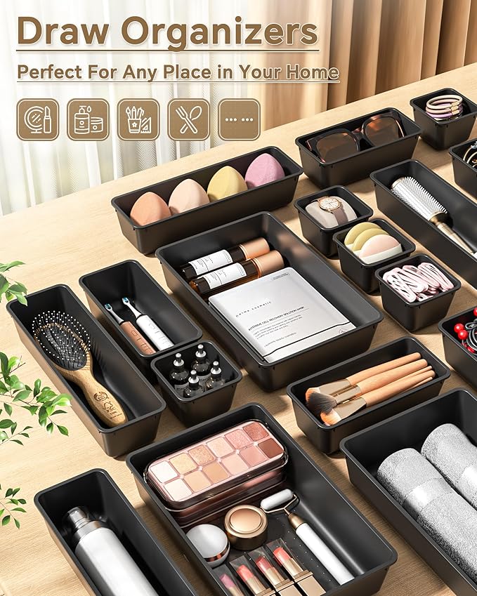 KEMETHY 25 PCS Plastic Drawer Organizers Set, 4 Sizes Vanity Organizer, Makeup and Desk Drawer Organizer Trays, Organization and Storage for Makeup, Bathroom, Kitchen Utensils and Office (Black) - Image 6