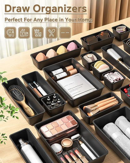 KEMETHY 25 PCS Plastic Drawer Organizers Set, 4 Sizes Vanity Organizer, Makeup and Desk Drawer Organizer Trays, Organization and Storage for Makeup, Bathroom, Kitchen Utensils and Office (Black) - Image 6