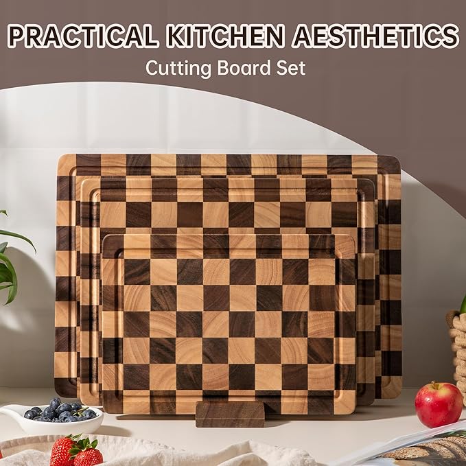 Checkered Cutting Boards for Kitchen, Wooden Cutting Board Set, Acacia Chopping Board with Juice Grooves & Handles, Butcher Block Serving Tray for Meat, Vegetables and Fruits, 3pcs - Image 5