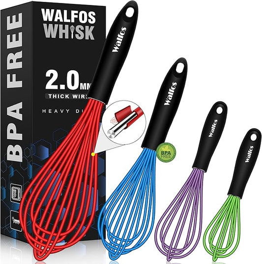 Walfos Whisk, Silicone Whisk Heat Resistant (480°F) Kitchen Whisks Set of 4- Professional Whisks For Cooking Non Scratch, Balloon Egg Wisk Perfect for Frothing, Blending, Beating by Walfos