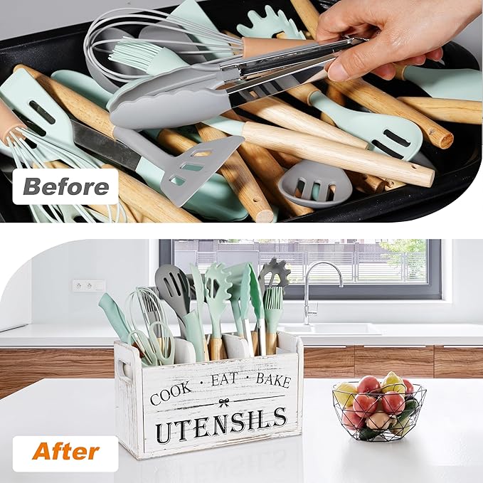 Wooden Kitchen Utensil Holder with 3 Compartments, Utensil Storage Organizer for Kitchen Counter, Farmhouse Decor & Rustic Cooking Tools Storage(White) - Image 4