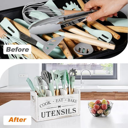Wooden Kitchen Utensil Holder with 3 Compartments, Utensil Storage Organizer for Kitchen Counter, Farmhouse Decor & Rustic Cooking Tools Storage(White) - Image 4