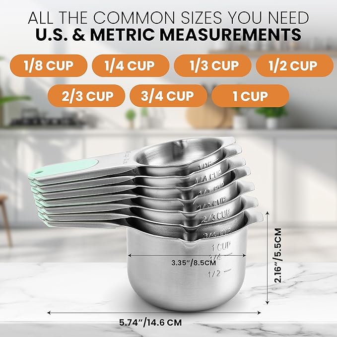 Spring Chef Magnetic Stainless Steel Measuring Cups, Patented, Kitchen Tools with Easy to Read Markings for Measuring Dry or Liquid Ingredients, Set of 7, Mint - Image 5