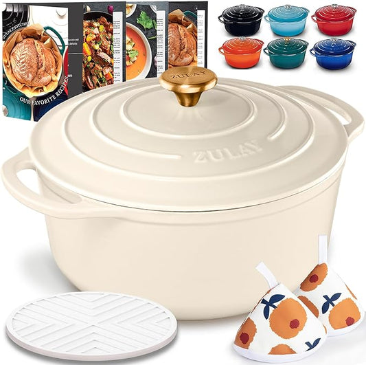 Zulay Kitchen 6 Quart Enameled Cast Iron Dutch Oven Pot with Lid – Premium Durability & Oven Safe up to 500°F – Heavy Duty Cookware Perfect for Bread Baking, Stews, Braising & Roasting - Ivory by ZulayKitchen