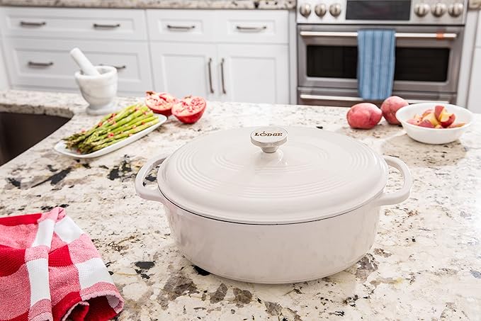 Lodge 7 Quart Enameled Cast Iron Oval Dutch Oven with Lid – Dual Handles – Oven Safe up to 500° F or on Stovetop - Use to Marinate, Cook, Bake, Refrigerate and Serve – Oyster White - Image 5